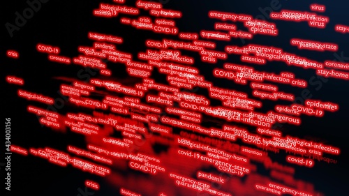 tag cloud of red neon text on coronavirus pandemic theme. COVID19 background with tag word cloud. Neon text 3d cloud. 3d render