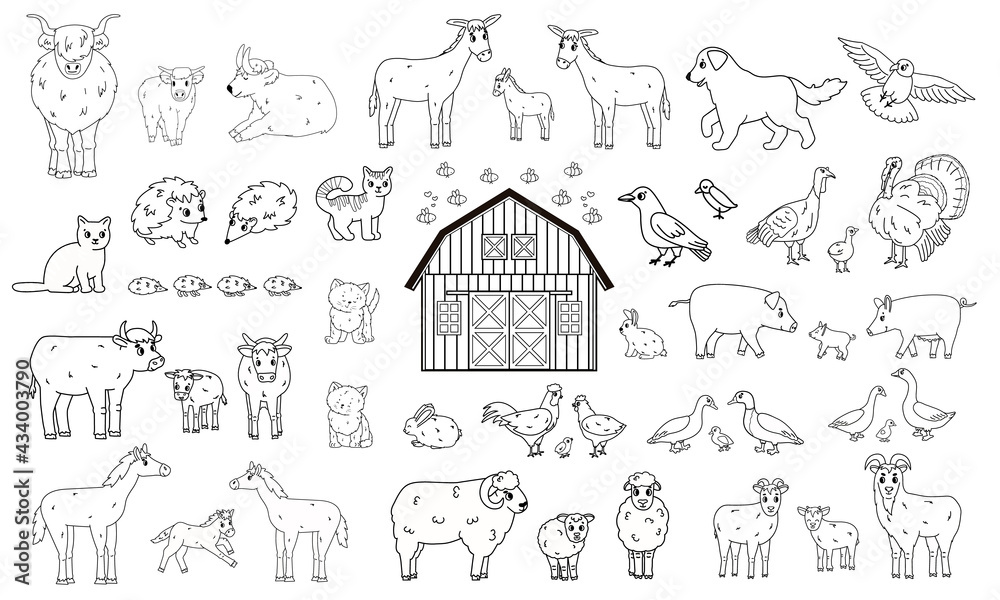 Set of outline cartoon farm animals. Vector collection of wooden barn, donkey goose cow bull pig hog chicken hen rooster goat sheep duck horse turkey cat dog hedgehog rabbit bunny birds Set of outline cartoon farm animals. Vector collection of wooden barn, donkey goose cow bull pig hog chicken hen rooster goat sheep duck horse turkey cat dog hedgehog rabbit bunny birds