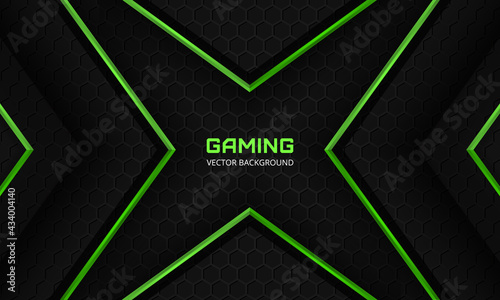 Dark abstract gaming background with hexagon carbon fiber grid and green abstract arrows. Futuristic luxury modern sporty game hexagonal background. Futuristic abstract black and green banner.
