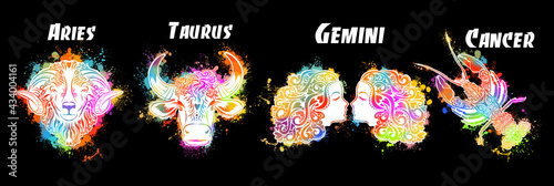 A set of zodiac signs. T-shirt print. Symbol for tattoo. Mixed media. Multi-colored objects. Elements of water, earth, fire and air. Vector illustration