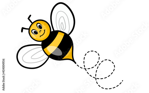 Set of cartoon bee mascot. A small bees flying on a dotted route. Wasp collection. Vector characters. Incest icon. Template design for invitation, cards. Doodle style