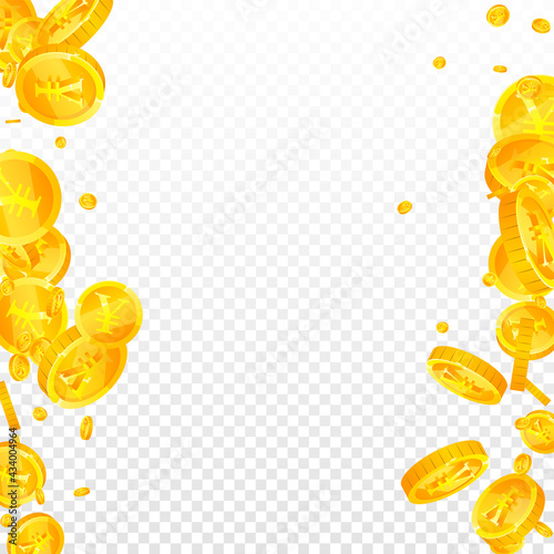 Chinese yuan coins falling. Admirable scattered CNY coins. China money. Dramatic jackpot, wealth or success concept. Vector illustration.