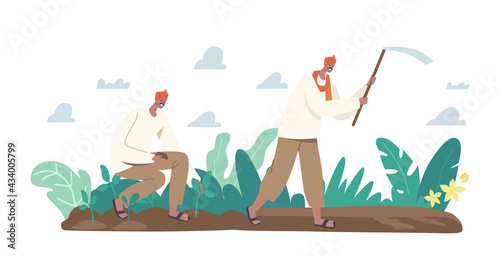 Indian Farmer Characters in Traditional Clothes Work on Plantation Plowing Field with Hoe and Planting Seedlings in Soil