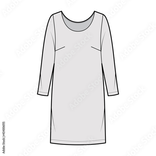 Dress shift chemise technical fashion illustration with long sleeves, oversized body, knee length pencil skirt. Flat apparel front, grey color style. Women, men unisex CAD mockup