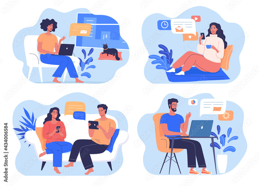 Different people using mobile technology internet at home Different people using mobile technology internet at home