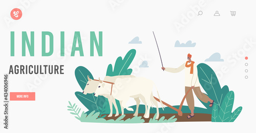 Indian Agriculture Landing Page Template. Farmer in Traditional Clothes Work. Rural Asian Man Plowing Field by Cows
