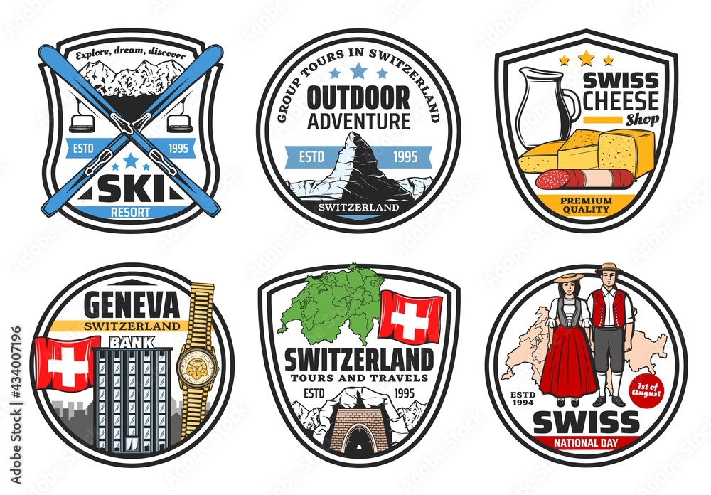 Swiss travel, culture icons. Switzerland landmarks vector emblem. Bank, wristwatch and Swiss flag, tunnel in alps, Matterhorn mountain and ski resort, cheese, sausage and people in national clothing