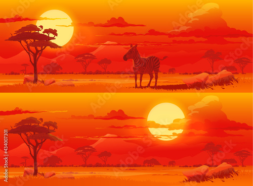 Sunset in african savannah cartoon vector background. Zebra and elephant  trees and grass  mountains peaks and setting sun disk. Africa nature  national park animals and wildlife panorama landscape