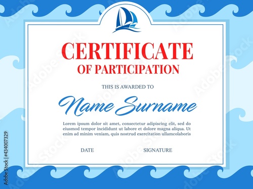 Yachting club regatta, marine sailing victory certificate. Yachts or sailboats sailing on sea waves vector. Competitive sailing championship, regatta racing winner, participation diploma template