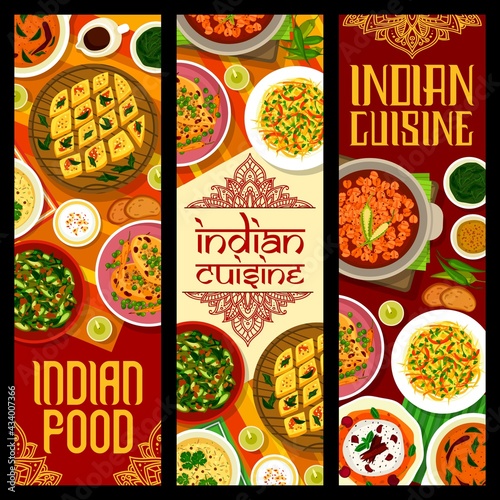 Indian cuisine food with meat and vegetable curry vector banners. Corn soup, cabbage salad and cake, chicken, lentil, chickpea and okra curry, kulfi ice cream dessert and green chutney sauce