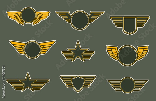 Army patches with wings, heraldic icons, vector winged insignia or emblems. Air force of round, shield and star shapes isolated on khaki colored background. Retro badges for officers or soldiers