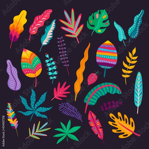 Mexican style leaves and plants, vector traditional floral ornament of Mexico. Colorful foliages of exotic tropical plants and trees with folk or ethnic geometric pattern of bright dots and stripes