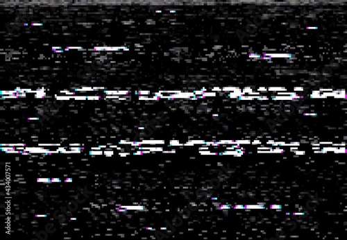 VHS video screen with glitch effect, distortion lines and noise. Vector corrupted camera film or digital video system black background with random noise and horizontal distorted stripes, no signal photo
