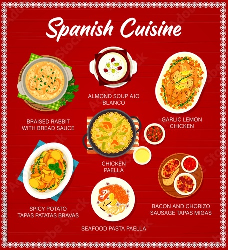 Spanish cuisine vector menu braised rabbit with bread sauce, almond soup ajo blanco, garlic lemon and paella chicken. Spicy potato tapas patatas bravas, seafood, bacon and chorizo sausage tapas migas