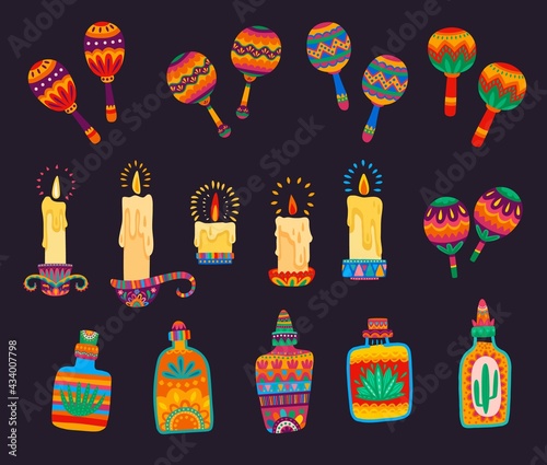 Mexican cartoon maracas, candles and tequila bottles with vector ethnic ornaments of bright flowers, cactuses and agave leaves, burning fire flames and colorful stripes. Mexican traditional symbols