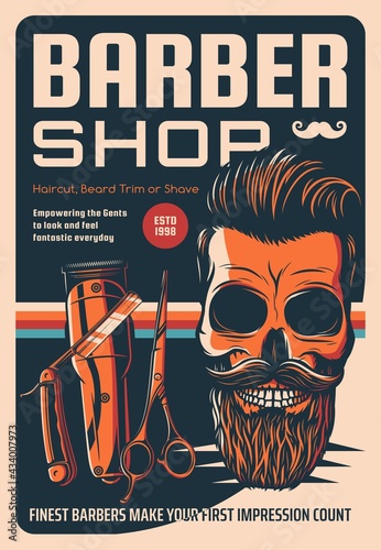 Barber shop vector vintage poster with hipster skull and equipment shaving machine, razor blade and scissors for men haircutting, trim and beard shave. Retro ad card for gentlemen barbershop service