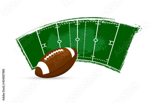 Rugby ball, American football banner or sport poster, vector field green paint background. Rugby or American football and soccer league or team championship and championship cup grunge flag