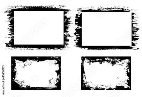 Grunge frames with black paint smudges, ink splatters. Ink brushstroke, dirt or black paint vector traces, stains and spots. Graphic frame, border with dirt texture, grungy background