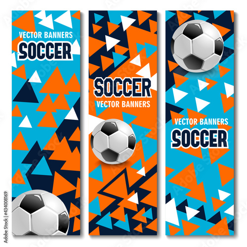 Soccer, football banners, vector cards with realistic 3d balls and abstract triangle pattern. Sport competition, invitation cards for tournament game, championship event announcement templates set