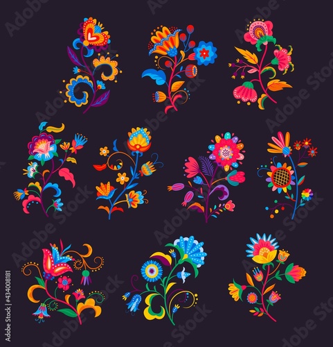 Mexican flowers and florals vector set of bright colorful blooming plants with Mexico ethnic or folk ornaments. Blossoms, flourishes and leaves of Mexican flowers, embroidery pattern or textile design © Vector Tradition