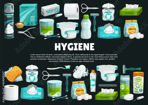 Personal hygiene products and tools banner. Shaving foam and razor, detergent, nail scissors and tampon, toilet paper and diaper, micellar water, wipe napkins and shampoo, cotton balls and pads vector