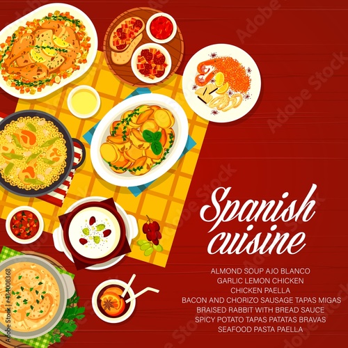 Spanish cuisine vector menu cover bacon and chorizo sausage tapas migas and braised rabbit with bread sauce. Almond soup ajo blanco, garlic lemon and paella chicken, spicy potato tapas patatas bravas