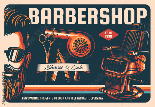 Barbershop retro poster, barber shop haircut salon, beard and mustache grooming, vector. Barbershop hipster man with beard, barber tools and shaving equipment, scissors, razor and hair dryer