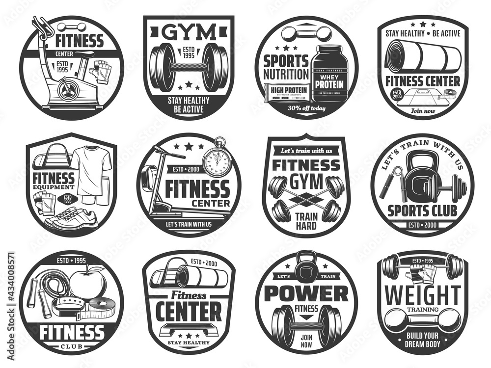 Fitness gym icons, sports club and weight training. Vector dumbbell, barbell and kettlebell, sports nutrition protein, exercise bicycle and mat. Fitness center equipment and outfit monochrome emblems