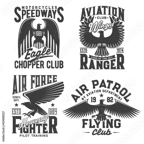 Eagle t-shirt print with aviation, motorcycle races and fight club vector emblems. Gothic eagle with wings and stars, pilot academy, air patrol and motor sport speedway grunge signs for shirt prints