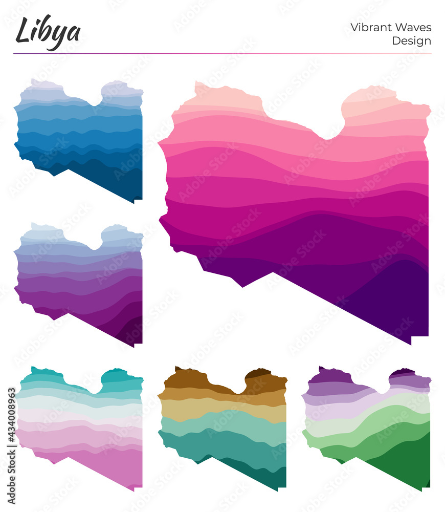 Set of vector maps of Libya. Vibrant waves design. Bright map of country in geometric smooth curves style. Multicolored Libya map for your design. Charming vector illustration.