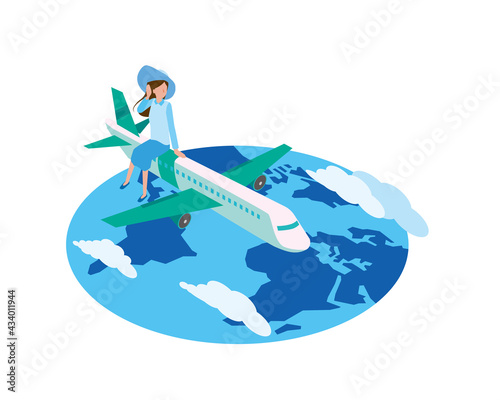 飛行機で旅行する女性のイラスト