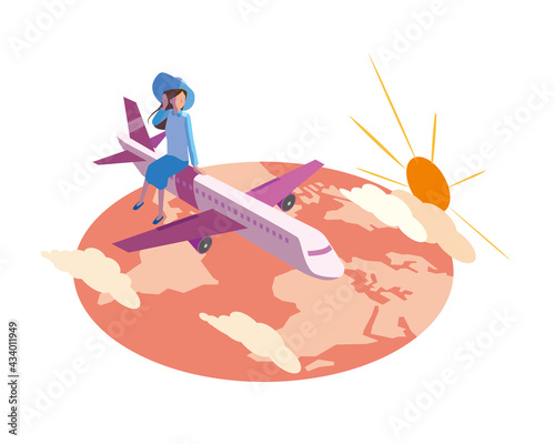 飛行機で旅行する女性と夕焼け空のイラスト