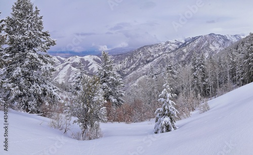 Little Black Mountain Peak hiking trail snow views winter via Bonneville Shoreline Trail, Wasatch Front Rocky Mountains, by Salt Lake City, Utah. United States. © Jeremy