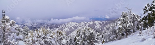 Little Black Mountain Peak hiking trail snow views winter via Bonneville Shoreline Trail, Wasatch Front Rocky Mountains, by Salt Lake City, Utah. United States. © Jeremy