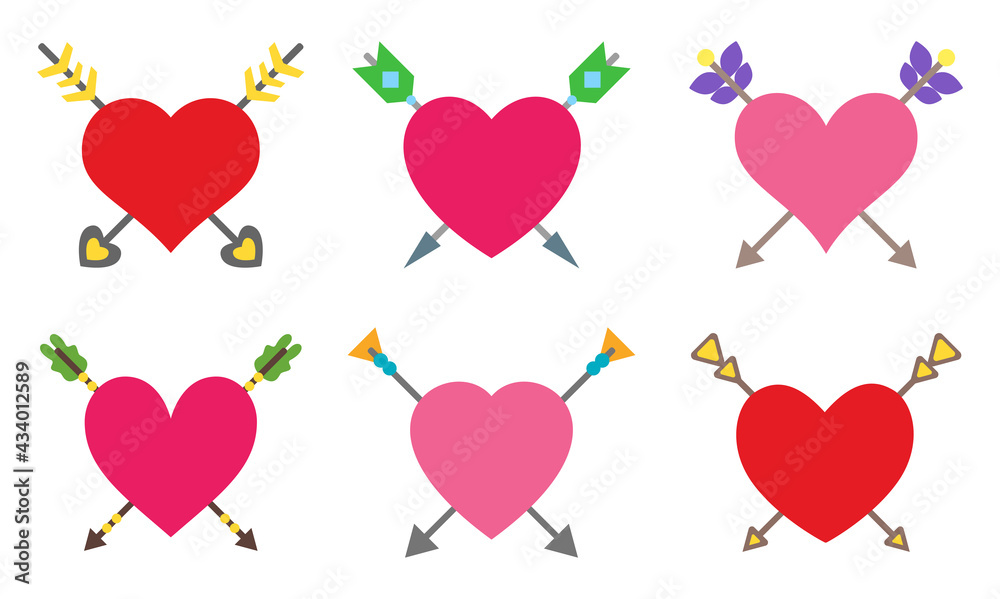 Heart arrows vector flat set color for printing on dishes, notebooks, clothes isolated on white. Stickers and decals. Gift paper. Wallpaper. Valentines Day.Cupid.Decorative elements