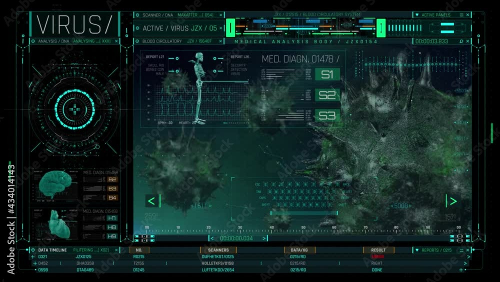 Futuristic HUD panel featuring a medical diagnostic interface and virus information