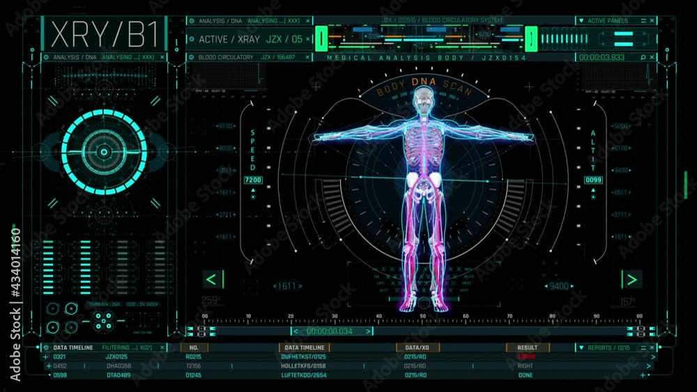 Futuristic HUD panel featuring a composited scan of the skeletal and circulatory systems