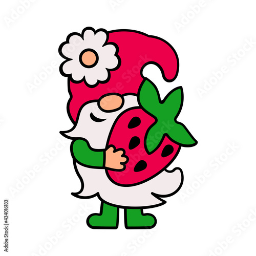 Adorable gnome with strawberry on white background. Vector illustration.