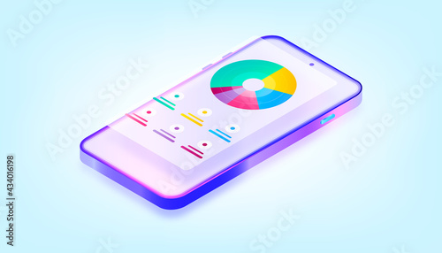 Online mobile app monitoring money e-wallet on mobile app. Analyzing graphs. 3D Gradient Web Vector Illustrations. Suitable for ui, ux, web, mobile, banner and infographic.