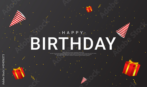 A birthday greeting design, complemented by a birthday hat ornament, and a gift, suitable for invitation cards, backgrounds, posters, social media posts, web, parties, celebrations, etc.