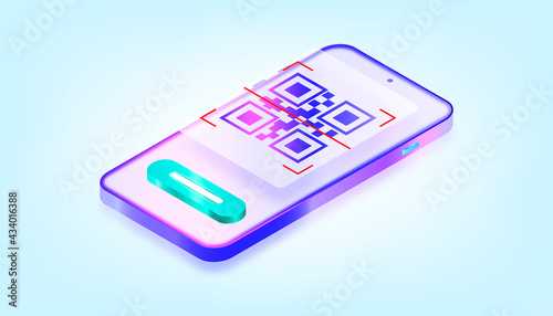 Online mobile app qr code scanner. 3D Gradient Web Vector Illustrations. Suitable for ui, ux, web, mobile, banner and infographic.