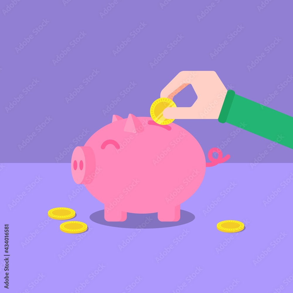 Concepto de ahorrar. Alcancía de ahorros, chancho o cerdo con monedas. 
