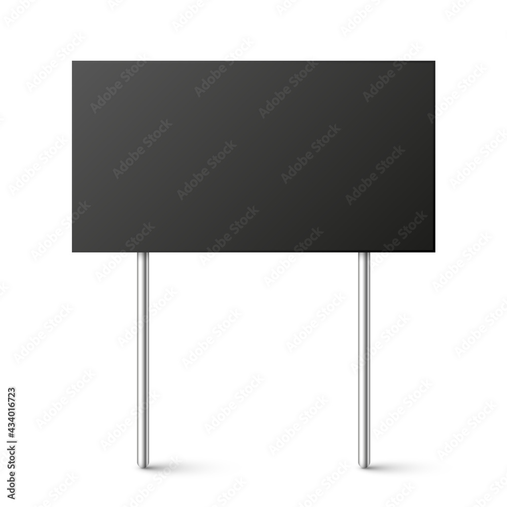 Black blank board with place for text, protest sign isolated on white background. Realistic demonstration or advertising banner. Strike action cardboard placard mockup. Vector illustration. Black blank board with place for text, protest sign isolated on white background. Realistic demonstration or advertising banner. Strike action cardboard placard mockup. Vector illustration.