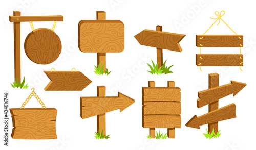 Wooden signs empty billboard flat cartoon set. Rural arrow pointer collection. Blank various forms planks tablet vintage or old retro banners. Hand drawn signpost, rustic signboard vector illustration