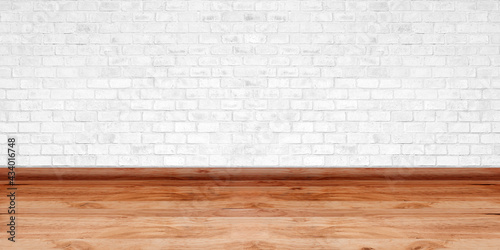 Room interior vintage with white brick wall and wood floor texture for design artwork.