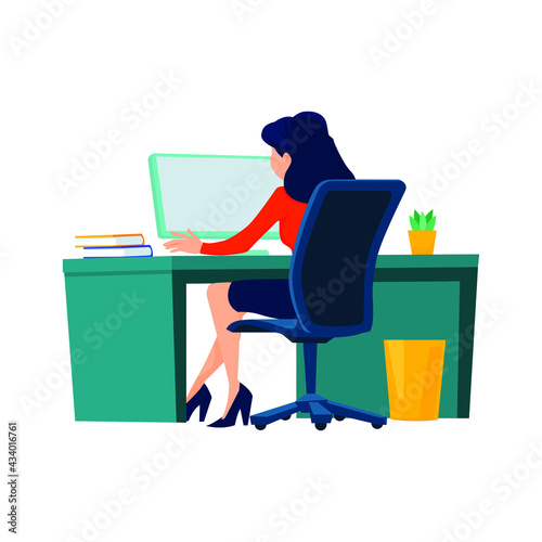 Illustration vector graphic of Business woman at work. Office worker behind the desk.