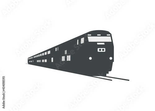 Silhouette of double decker train pulled by electric diesel locomotive in perspective view.