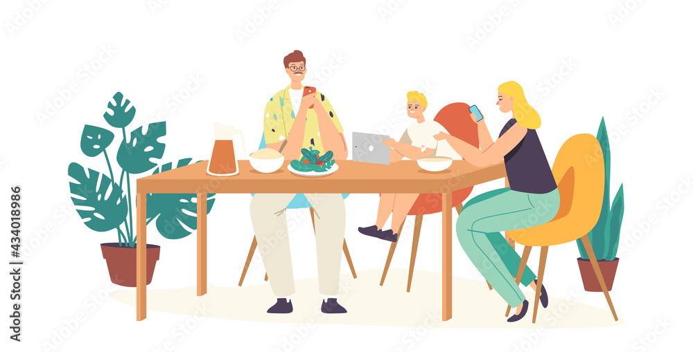 Social Media Addiction Concept. Family Characters Parents and Child Sitting Together at Home, Mother and Dad Ignore Son