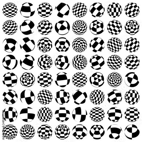 Photo Set of spheres, orbs and globes with different rotation and surfaces of squares