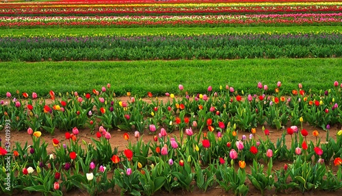 View of a colorful tulip field with flowers in bloom in Cream Ridge, Upper Freehold, New Jersey, United States